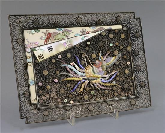 A Japanese silver, shibayama and cloisonne enamel tray, Meiji period, W. 27.5cm, small repairs